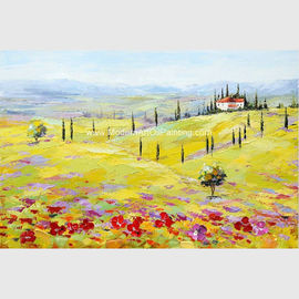 Nowoczesny abstrakcyjny obraz olejny pejzażowy Żółty czerwony Toskania Wioska Firmy Decor