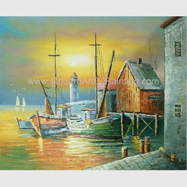 Łodzie żaglowe Obraz olejny Port, nowoczesne malarstwo krajobrazowe o zachodzie słońca